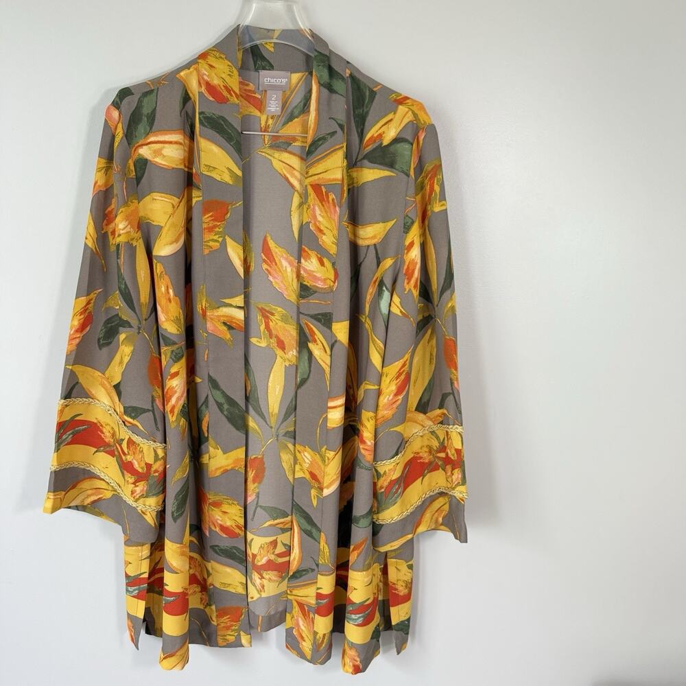 CHICO'S Long Floral Open Duster Cardigan Embroidery Gray Yellow 2 US L New